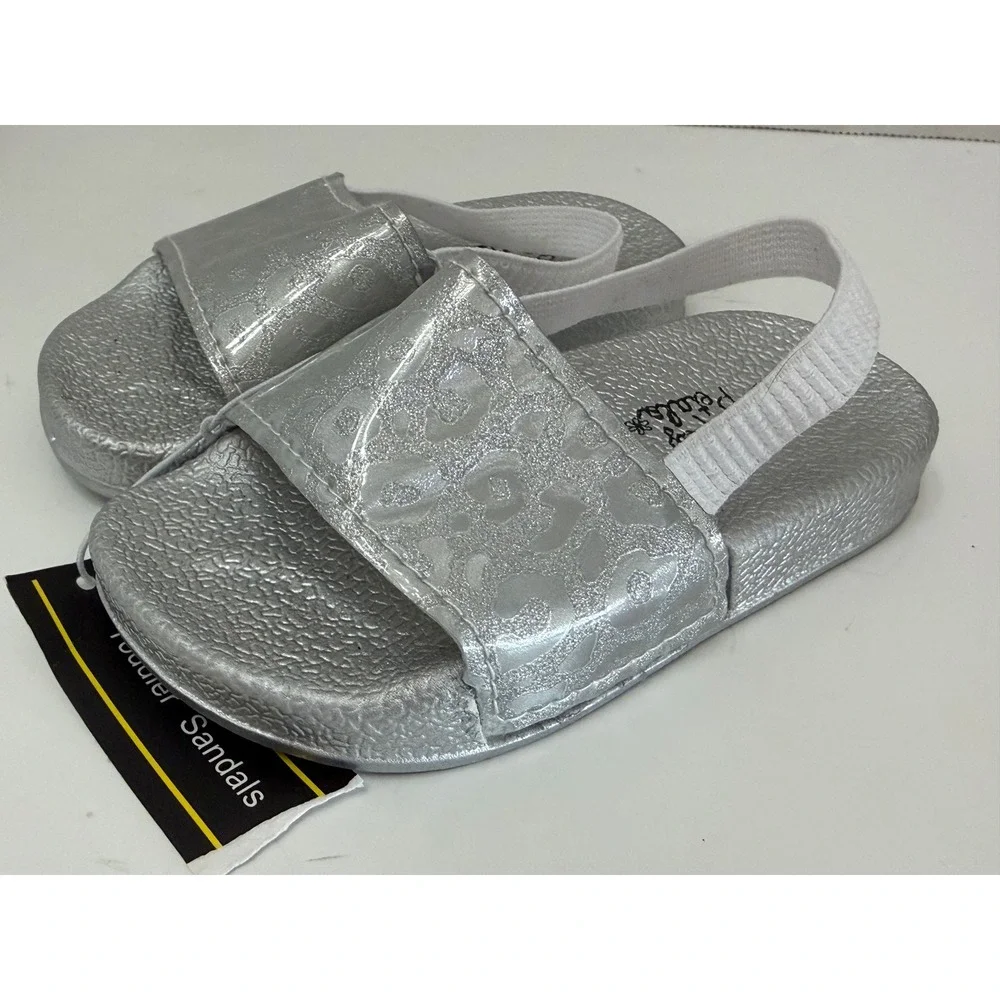 Simply Petals Toddler Sandals Silver Metallic Leopard Print Elastic Strap 5/6T